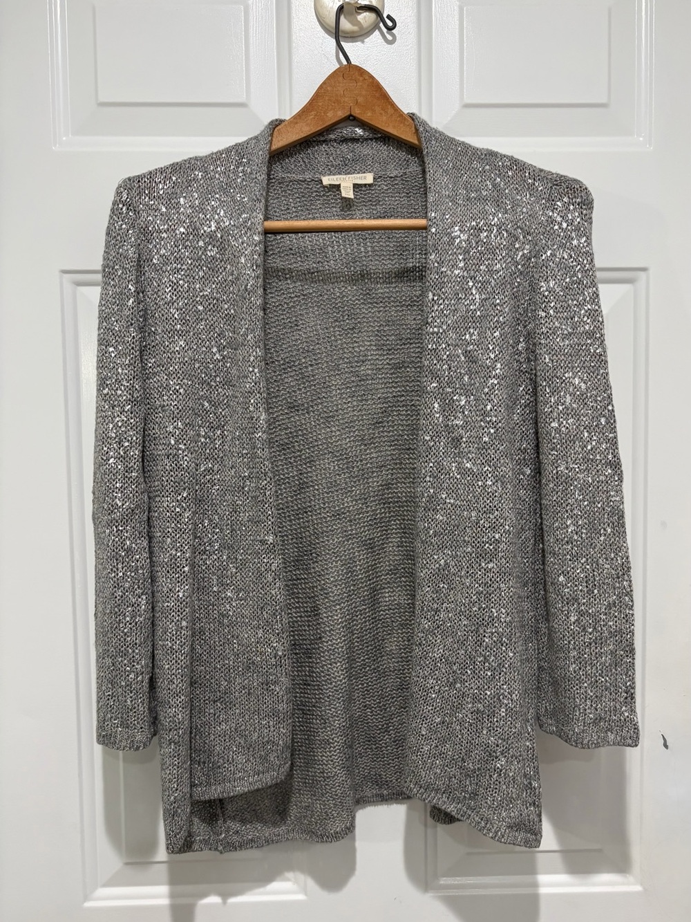 Eileen Fisher Gray with Metallic Specks, Linen Blend Open Front Cardigan, PM